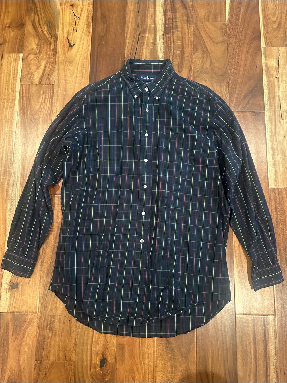 Ralph Lauren Polo Navy Plaid Button-Down Shirt with Red, Yellow & Green Stripes